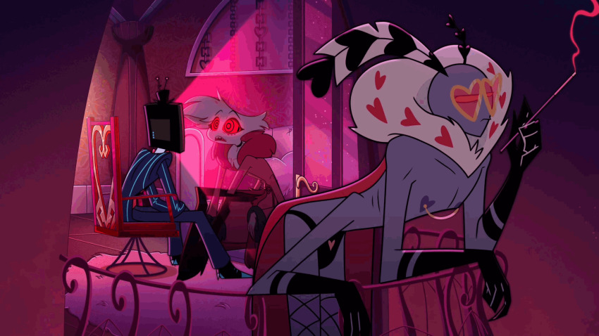 angel_dust_(hazbin_hotel) animated_gif drool hazbin_hotel male_only maledom malesub ring_eyes screencast spoilers valentino vox