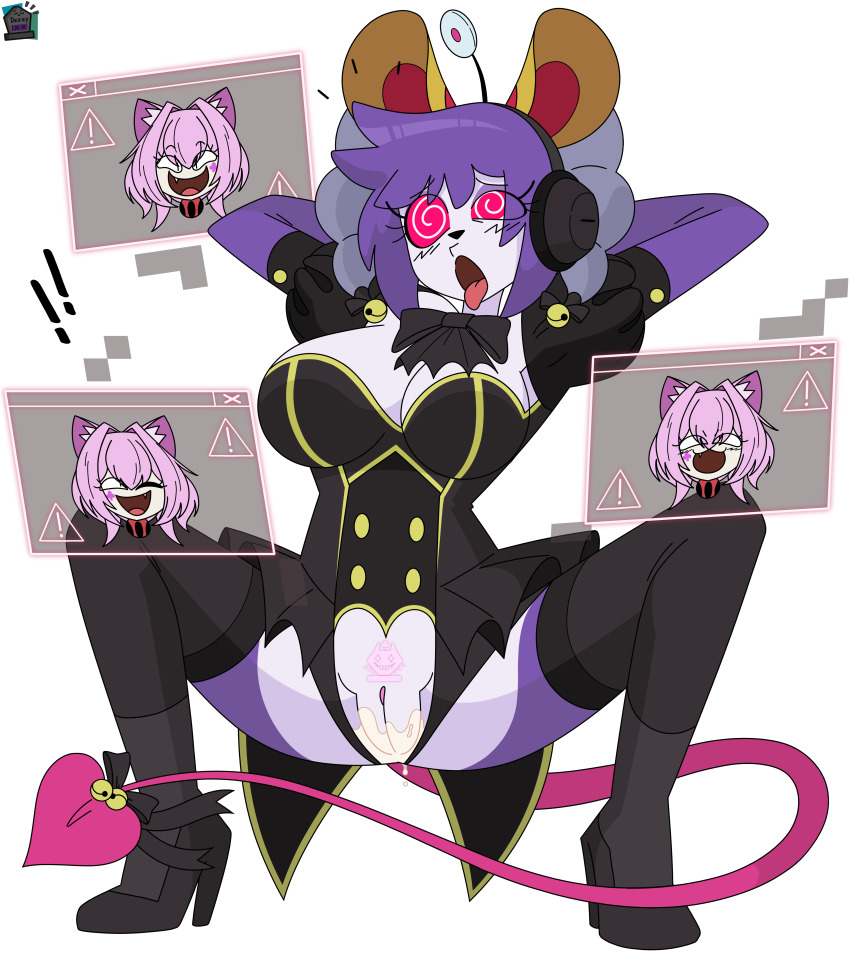 antenna arms_above_head ayuko_(jcroth) bottomless breasts cat_ears cat_girl character_request clothed crotch_tattoo dez_a_sketch dezzy female_only femdom femsub furry high_heels indeedee large_breasts mouse_girl nintendo one_eye_open open_mouth original pokemon purple_hair pussy pussy_juice simple_background spiralwash_eyes squatting tail tattoo thighhighs thighs tongue tongue_out white_hair wink yu-gi-oh!