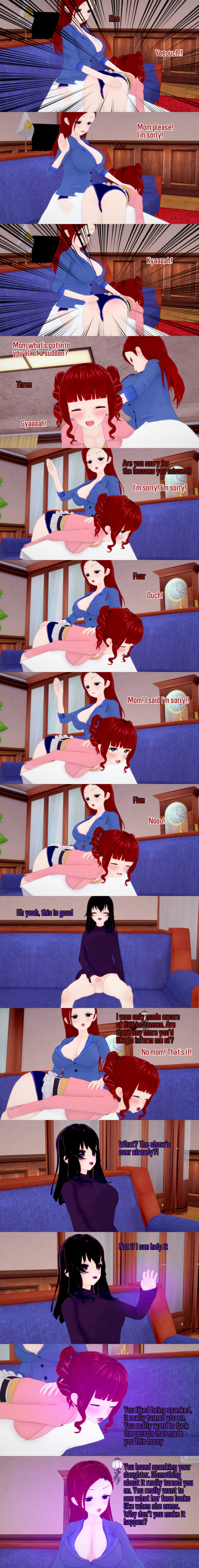 absurdres altered_common_sense angry aware black_hair blue_eyes body_control closed_eyes clothed confused dialogue english_text female_only femsub futanari jessica_(ophelia's_dollhouse) long_hair masturbation milf mother_and_daughter multiple_girls multiple_subs ophelia's_dollhouse ophelia_(ophelia's_dollhouse) penis purple_eyes red_hair spanking text zenin1