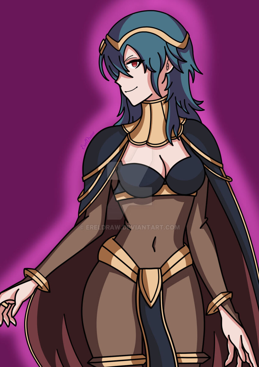 alternate_costume aura blue_hair breasts byleth_eisner cape cleavage corruption empty_eyes ereldraw female_only femsub fire_emblem fire_emblem_awakening fire_emblem_three_houses happy_trance large_breasts long_hair looking_at_viewer midriff navel nintendo red_eyes smile solo tight_clothing watermark