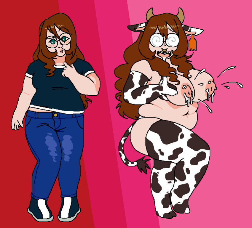 animal_ears before_and_after blush bra breast_grab brown_hair chubby clothed confused cow_girl cow_print drool eyebrows_visible_through_hair female_only femsub glasses gloves green_eyes happy_trance horns large_breasts lingerie long_hair looking_at_viewer milk navel nipples nose_ring open_clothes open_mouth opera_gloves original pants sarah_succubus shirt simple_background smile solo tail thighhighs thong transformation
