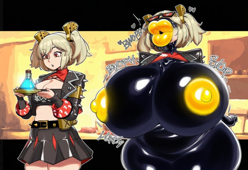 ai_art ass ass_expansion before_and_after black_skin breast_expansion breasts burnice_white_(zenless_zone_zero) clickyclacky_(generator) huge_lips hyper_breasts latex lip_expansion potion transformation white_lipstick zenless_zone_zero