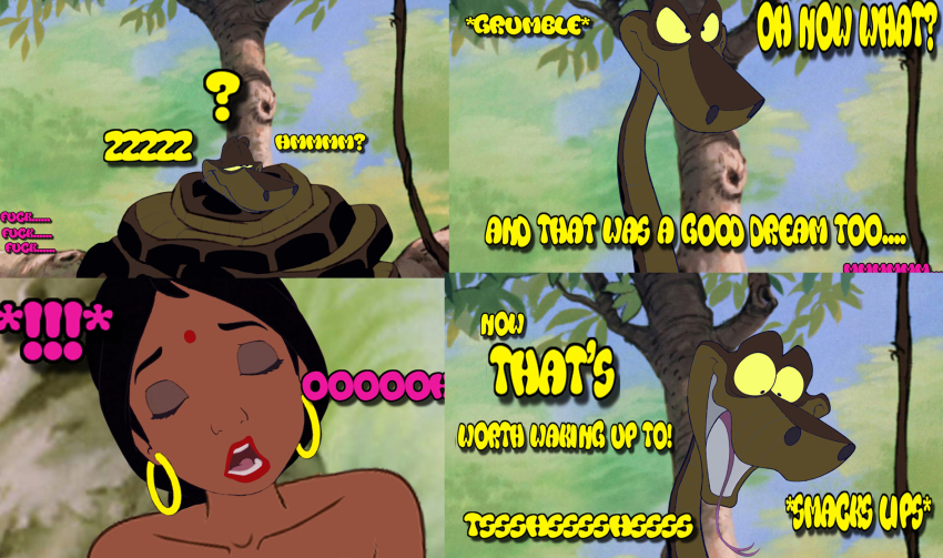 aged_up bare_shoulders closed_eyes comic kaa masturbation nude shanti text the_jungle_book waqqed_(manipper)