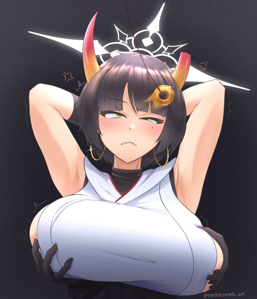 angry armpits arms_above_head arms_behind_back black_hair blue_archive blush breast_fondling breast_grab breasts cleavage coin earrings eye_roll female_only femsub halo horns large_breasts mole nettleseeds niya_(blue_archive) pendulum phantom_hand pov_dom resisting sideboob simple_background solo