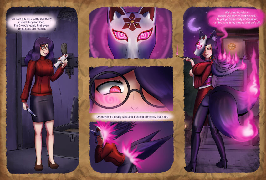 alternate_costume alternate_hairstyle aura bare_legs before_and_after black_sclera breasts character_request comic copyright_request corruption dialogue english_text eye_color_change femsub fox_tail glasses hair_covering_one_eye high_heels hypnotic_accessory hypnotic_magic hypnotic_mask kitsune_girl lion-oh-day looking_at_viewer magic mask multiple_tails night outdoors pink_eyes possession red_eyes slit_pupils smoke smoking speech_bubble spiral_eyes tagme text translation_request very_long_hair