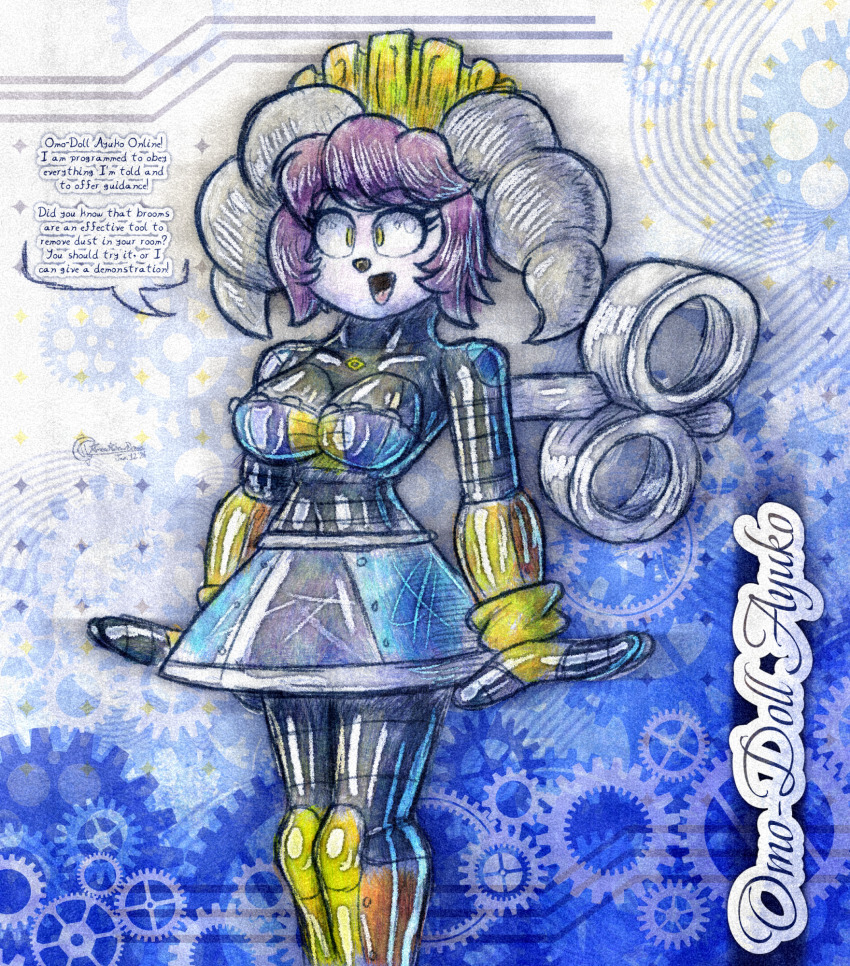 ameerashourdraws ayuko_(jcroth) bodysuit breasts color complex_background doll dollification drone dronification female_only fembot femsub happy_trance horns indeedee latex maid maid_headdress nintendo omochao original pokemon purple_hair short_hair skirt smile solo sonic_the_hedgehog_(series) standing_at_attention tech_control text thighs tight_clothing wind-up_key