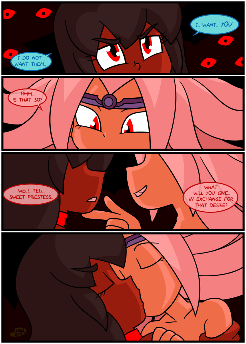 caption collar comic consensual corruption crossed_eyes dark_skin female_only kissing large_breasts nude nun red_eyes white_hair witch xierra099 yuri