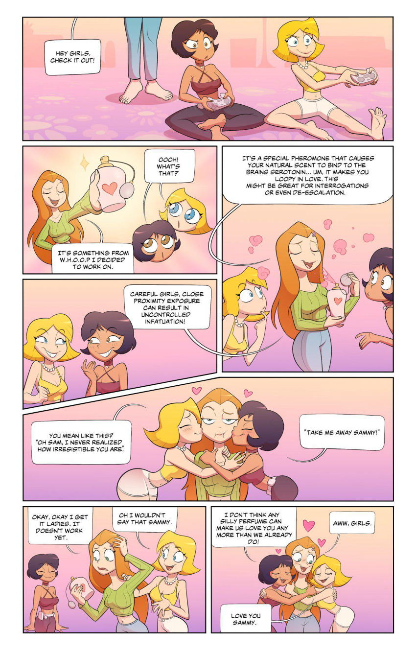 alex belt black_hair blonde_hair blue_eyes blush border choker closed_eyes clothed clover comic consensual dead_source dialogue drugs english_text eyebrows_visible_through_hair failed_hypnosis female_only femdom femsub gradient_background green_eyes hair_clips heart hourglass_figure hypnotic_drug hypnotic_smell jewelry kissing long_hair mad_cosmos midriff multiple_girls navel necklace open_mouth pants perfume pheromones red_hair sam short_hair simple_background sitting smile smug sparkle speech_bubble standing sweater tank_top tech_control text tight_clothing totally_spies tube_top wholesome yellow_eyes yuri