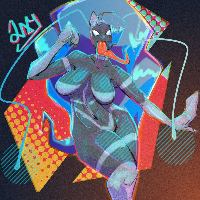 alien alternate_color_scheme alternate_costume alternate_form blue_hair breasts capcom cat_girl cleavage corruption crossover darkstalkers felicia_(darkstalkers) femsub fusion large_breasts living_costume long_hair long_tongue marvel_comics navel possession solo spider-man_(series) toby2by4 tongue tongue_out venom_(marvel)