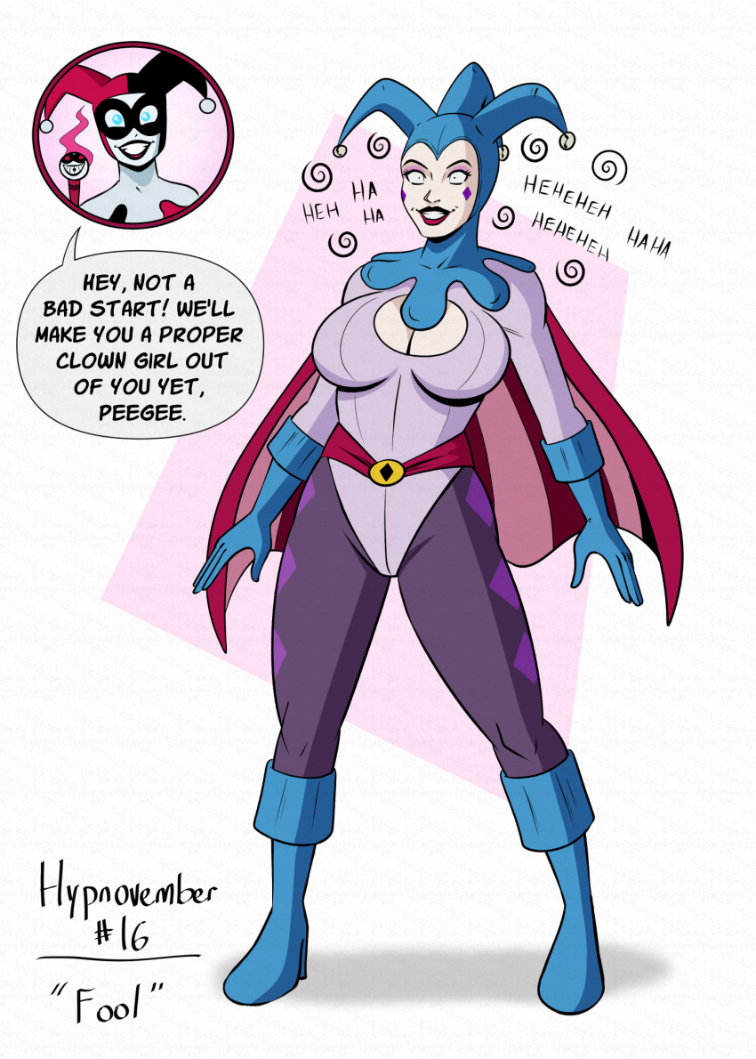 blue_eyes cape clown clown_girl clownification comic dc_comics dialogue english_text female_only femdom femsub gloves harley_quinn hypnovember jester leotard mask polmanning power_girl shrunken_irises smile speech_bubble super_hero text