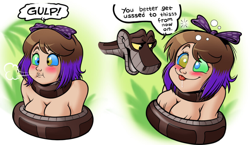 asphyxiation bare_shoulders blush bow brown_hair character_request cleavage coils copyright_request dialogue disney english_text femsub happy_trance kaa kaa_eyes keeper_of_pots maledom multicolored_hair purple_hair snake speech_bubble text the_jungle_book tongue tongue_out