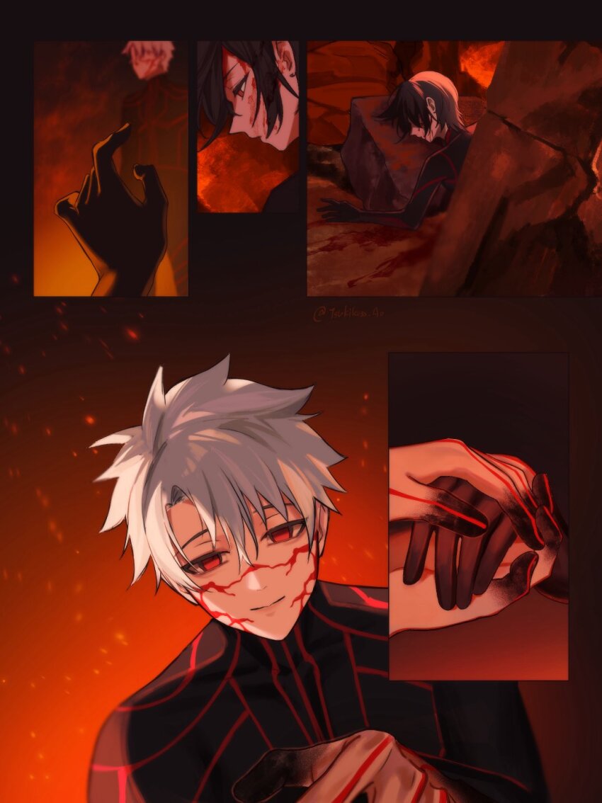 angra_mainyu black_hair body_markings clothed corruption eye_color_change facial_markings fate/grand_order fate/stay_night fate/stay_night_heaven&#039;s_feel fate/unpublished_material fate_(series) femsub flame hair_color_change lying malesub possession red_eyes ritsuka_fujimaru_(male) short_hair tachie_(fate) tsukikusa_ao white_hair