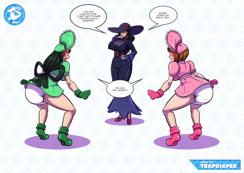 age_regression black_hair bonnet brown_hair costume deborah_gorrini dialogue diaper femdom femsub frog_girl glowing_eyes happy_trance hat large_ass large_breasts long_hair my_hero_academia ochaco_uraraka ring_eyes short_hair socks text tongue trap-diaper tsuyu_asui