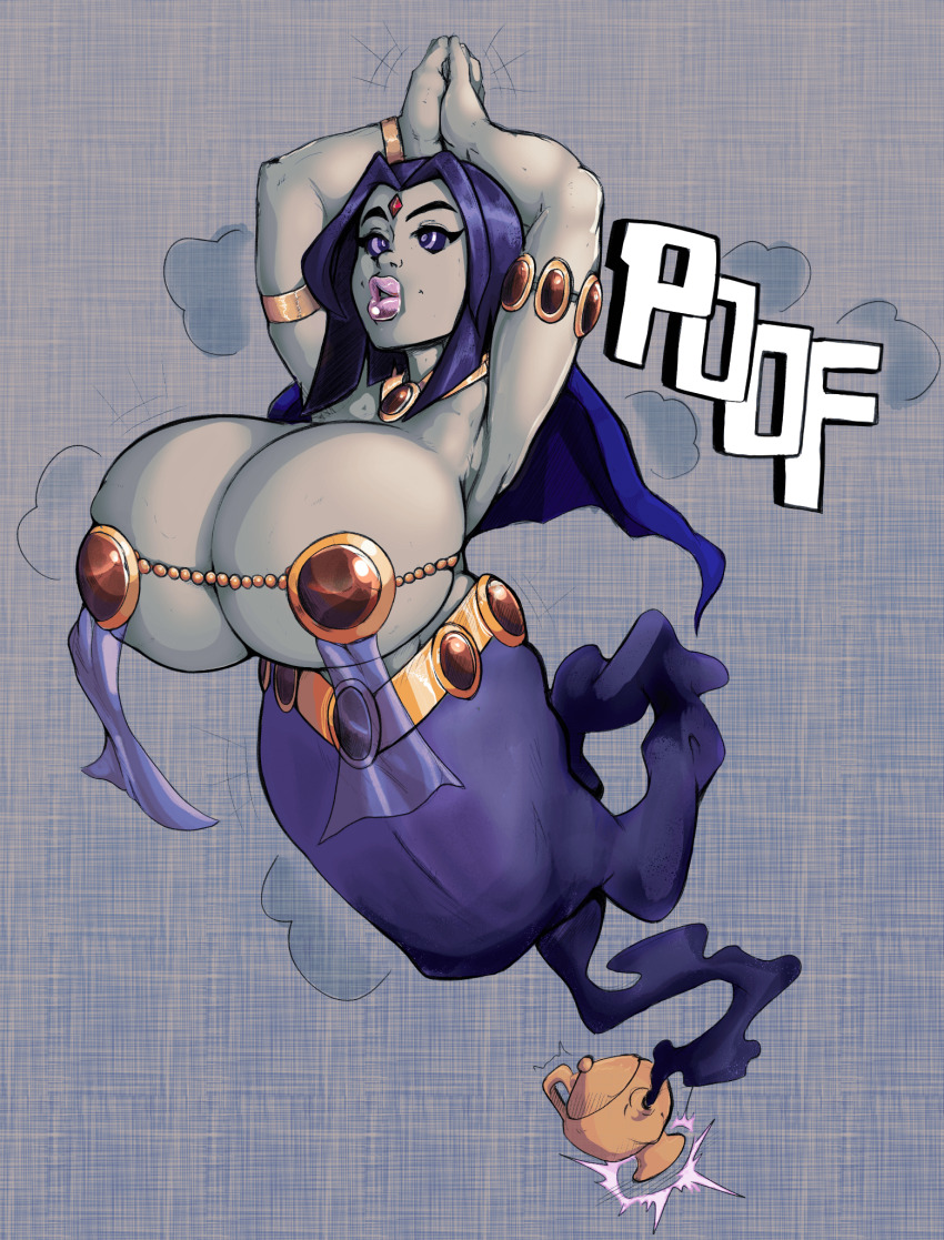 arms_above_head bimbofication breast_expansion breasts dancing dc_comics female_only femsub genie grey_skin happy_trance harem_outfit hypnotic_eyes lipstick manip mintymethod purple_hair raven reliusmax smile teen_titans transformation