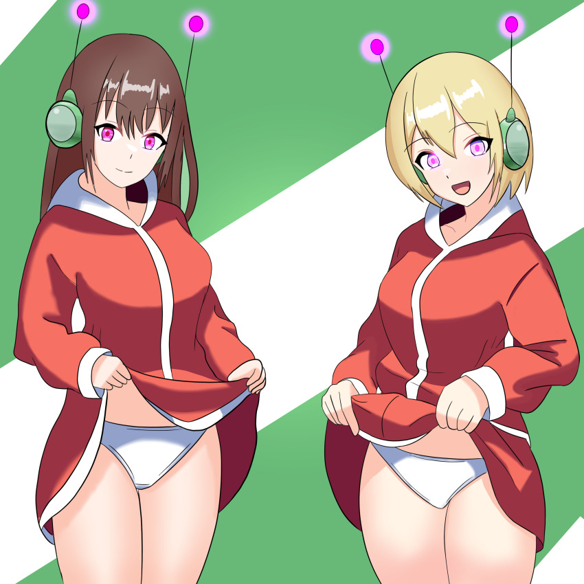 absurdres antenna blonde_hair brown_hair clefla dress dress_lift earpiece female_only femsub glowing glowing_eyes happy_trance long_hair multiple_girls multiple_subs open_mouth original panties short_hair simple_background smile symbol_in_eyes tech_control