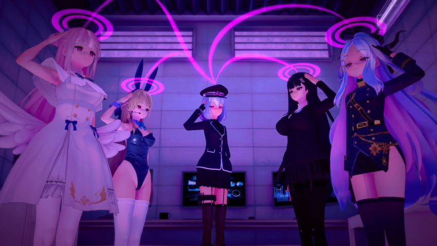 3d arin_(koikatsu) bangs bare_shoulders beam black_hair blonde_hair blue_archive blue_hair bow bow_tie braid breasts bunny_ears bunny_girl bunnysuit cleavage cuffs earpiece empty_eyes expressionless fake_animal_ears female_only femdom femsub fingerless_gloves flat_chest garter garter_straps gloves glowing_eyes hair_buns hair_ornament halo happy_trance hat hina_(blue_archive) horns koikatsu! large_breasts long_hair mika_(blue_archive) monitor multiple_girls multiple_subs pantyhose pink_eyes pink_hair rio_(blue_archive) saluting short_hair skirt smile standing standing_at_attention straight-cut_bangs thighhighs toki_(blue_archive) uniform very_long_hair wings