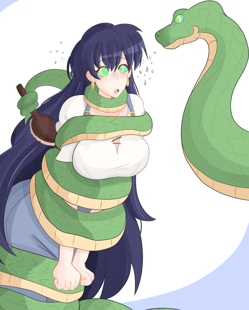 a_singular_fish blue_hair blush cleavage cleavage_cutout clothed coils collarbone dazed earrings eyebrows_visible_through_hair female_only femsub kaa_eyes large_breasts leaning_forward long_hair nagi_arato open_mouth pants restrained ruri_rocks simple_background snake t-shirt white_background