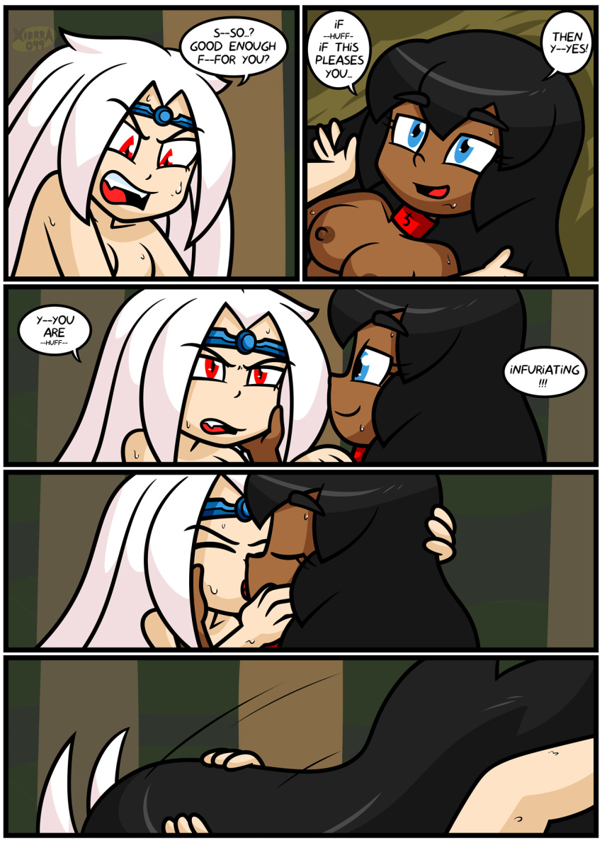 caption collar comic consensual crown dark_skin female_only kissing long_hair nude nun sex tsundere white_hair witch xierra099 yuri