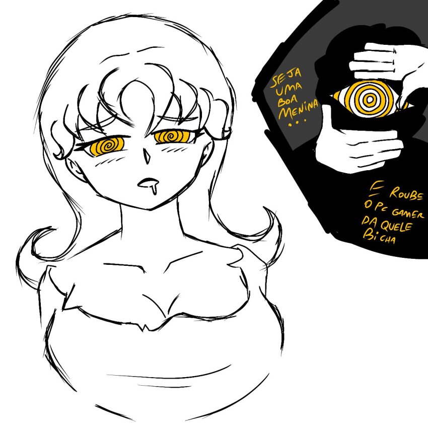 aiko_hajime_shin bisctoitin_skull cleavage collarbone curly_hair dialogue drool expressionless hypnotic_eyes lineart looking_at_viewer portuguese pov_dom pov_sub spiral_eyes text translation_request white_background yellow_eyes