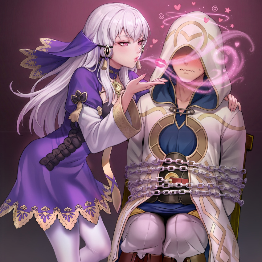 ai_art androgynous_sub blowing_kiss blush bondage chains chair charm_(spell) femdom fire_emblem fire_emblem_heroes fire_emblem_three_houses heart hood hypnotic_magic kiran_(fire_emblem) long_hair love lysithea_von_ordelia magic pheromones pink_eyes restrained spiral sweat symbol thouart_i_(generator) white_hair