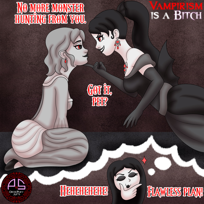 black_hair black_lipstick dialogue dream dress earrings evil_smile grey_skin happy_trance kneeling long_hair ordeper_arts original ponytail red_eyes short_hair signature vampire wings