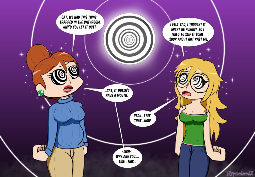 blonde_hair breasts cat_nap_(hypnolordx) chubby cleavage clothed dazed dialogue earrings female_only femsub glasses glowing humor hypnolordx hypnotic_object hypnotic_orb long_hair milf multiple_girls multiple_subs open_mouth original red_hair ring_eyes signature simple_background single_hair_bun sparkle speech_bubble svetta_(svettak92) symbol_in_eyes text