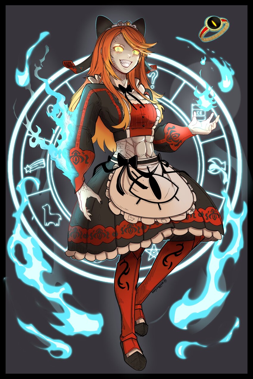 ailheim alternate_costume aura bill_cipher breasts corruption crossover etie_(fire_emblem) evil_smile femsub fire_emblem fire_emblem_engage flame floating fusion glowing glowing_eyes gravity_falls green_eyes happy_trance long_hair magic magic_circle nintendo orange_hair possession ring slit_pupils smile yellow_sclera