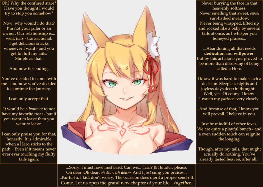 addictive animal_ears blonde_hair body_markings caption caption_only cleavage femdom fox_ears fox_girl green_eyes hair_ornament hypnotic_tail jingai_modoki malesub monster_girl_quest pov pov_sub smile smug stewarone_(manipper) tamamo_(monster_girl_quest) tattoo text