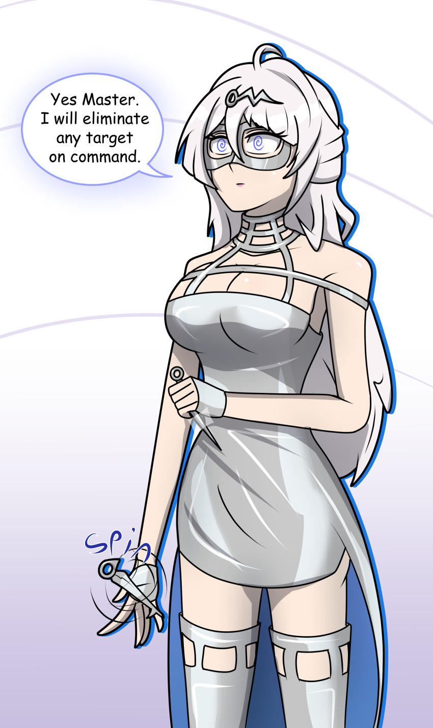 bangs boots cleavage dress english_text female_only femsub fingerless_gloves hair_ornament hy2300 knife mask speech_bubble spiral_eyes standing text thigh_boots white_hair yixuan_(zenless_zone_zero) zenless_zone_zero