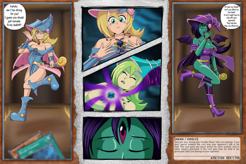 comic corruption dark_magician_girl dialogue green_skin high_heels jewelry lion-oh-day speech_bubble transformation witch yu-gi-oh!