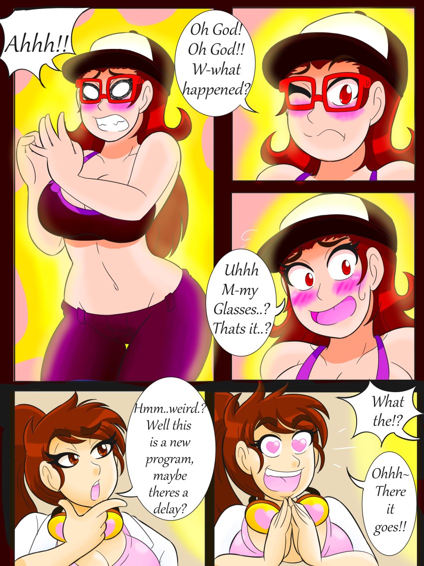 blush brown_hair comic crop_top dialogue glasses goggles hat heart_eyes jeans kobi94 kobi_(kobi94) lab_coat long_hair midriff ponytail speech_bubble symbol_in_eyes text