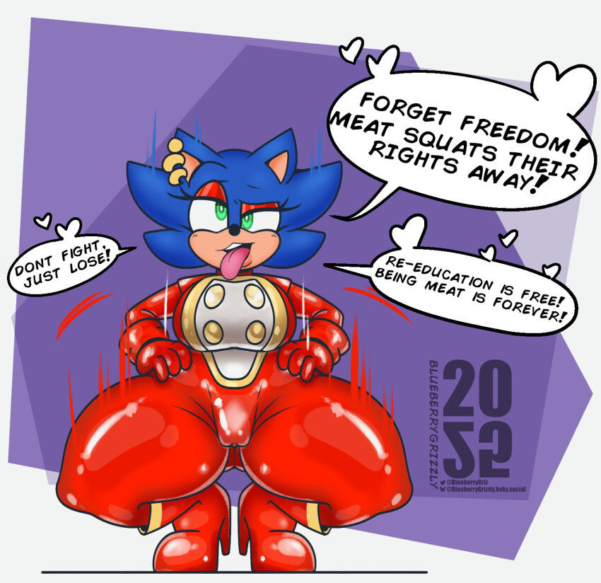 absurdres ahegao altered_common_sense alternate_costume animal_ears blueberrygrizzly bodysuit clothed clothed_exposure dazed female_only femsub furry genderswap gloves happy_trance hedgehog_girl high_heels huge_breasts latex mantra meat_corp open_mouth puppet pussy rubber smile solo sonic_the_hedgehog sonic_the_hedgehog_(series) squatting tech_control tongue tongue_out