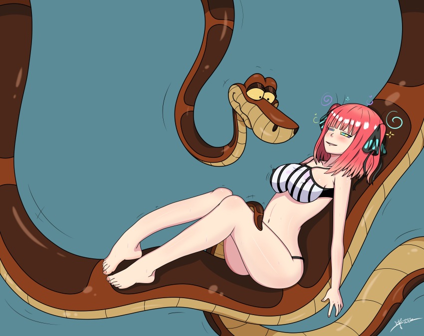 absurdres alternate_costume bare_legs barefoot black_eyes blue_background blush breasts coils crossover disney erect_nipples erect_nipples_under_clothes feet femsub happy_trance kaa kaa_eyes legs lying maledom midriff navel nino_nakano pandroso red_hair simple_background smile snake spiral story symbol the_jungle_book the_quintessential_quintuplets yellow_sclera