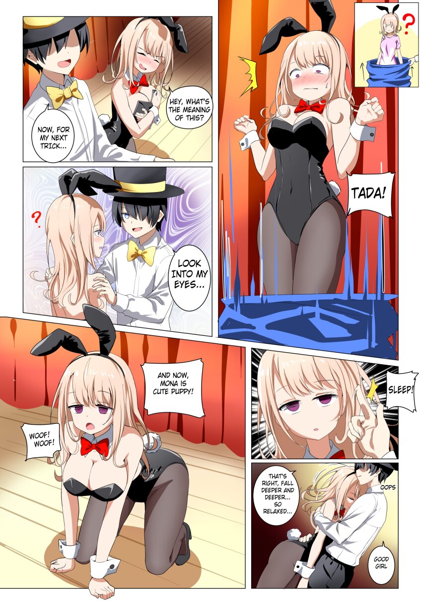 absurdres all_fours blonde_hair blue_eyes bow_tie breasts bunny_ears bunny_girl cleavage closed_eyes comic cuffs dazed dialogue embarrassed empty_eyes etlabsotwe fake_animal_ears femsub finger_snap hair_covering_one_eye heavy_eyelids high_heels hug hypnotic_eyes kneeling large_breasts long_hair maledom mona_kawai open_mouth pantyhose pet_play purple_eyes shirt short_hair shrunken_irises sleep_command sleeping speech_bubble stage_hypnosis standing surprised text