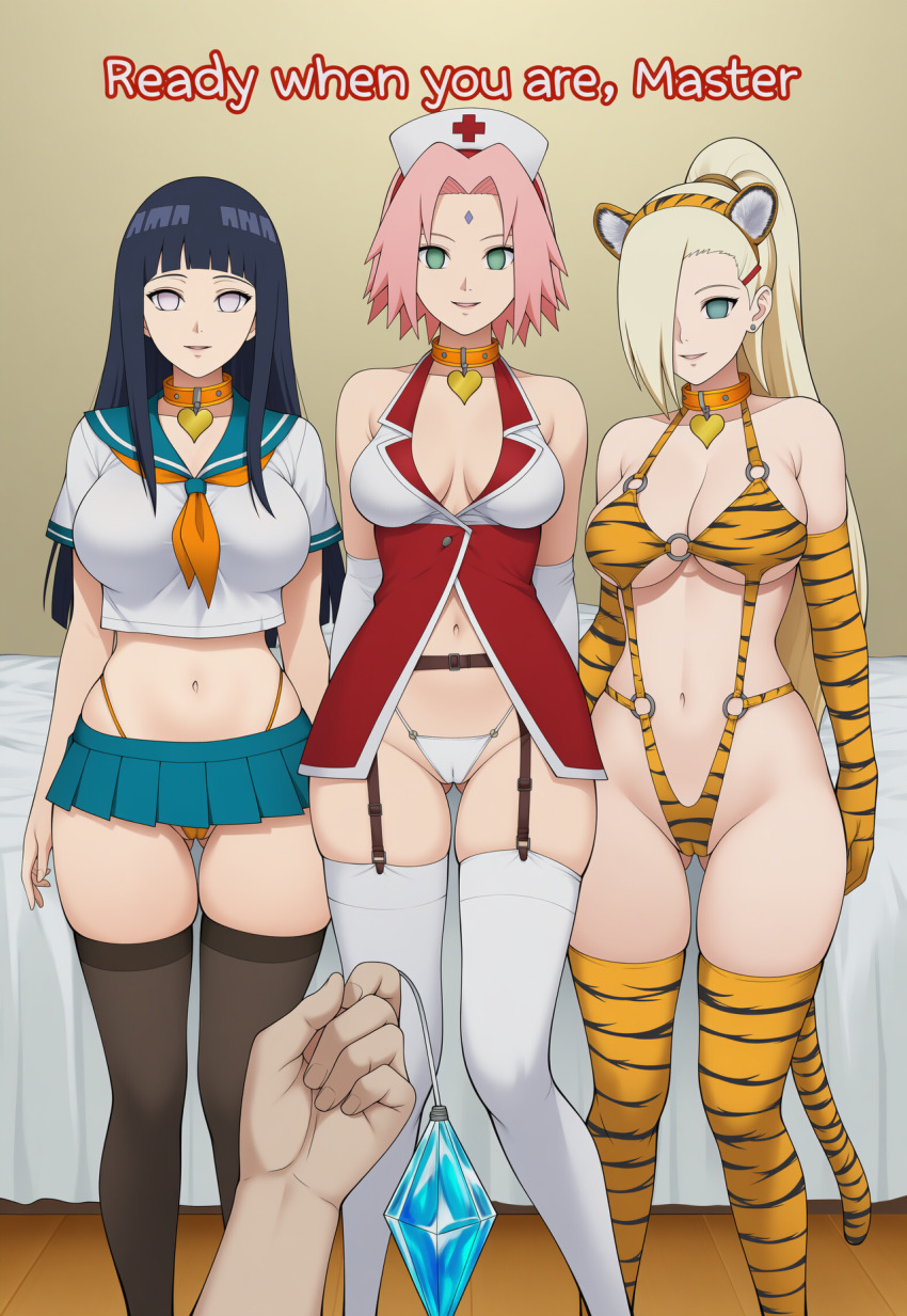 ai_art animal_ears bed bedroom blonde_hair blue_hair cameltoe collar costume crystal empty_eyes english_text femsub gloves happy_trance hat heart hellsing002_(generator) hinata_hyuuga ino_yamanaka large_breasts leggings naruto_(series) nurse o-ring pendulum pink_hair pov pov_dom sakura_haruno school_uniform thong tiger_print