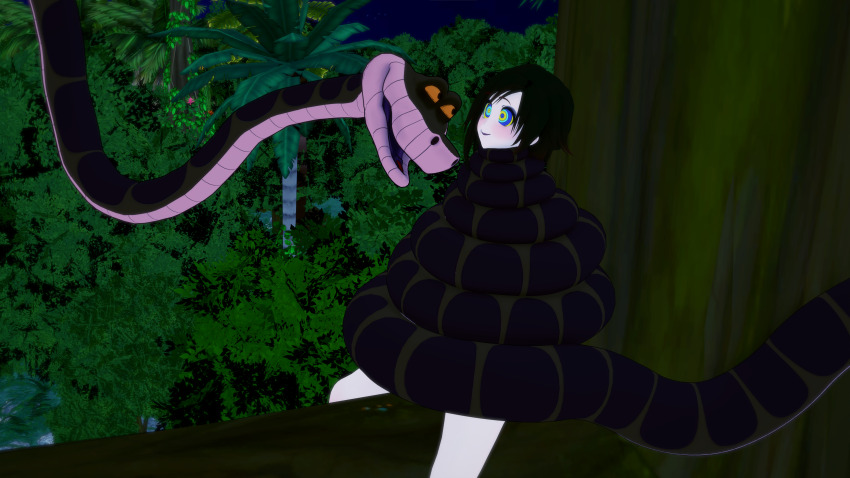3d ass barefoot bikini black_hair breasts choking cleavage coils expressionless feet huge_ass huge_breasts jungle kaa kaa_eyes koikatsu! large_ass lipstick loincloth mrkoiru multiple_girls open_mouth outdoors pale_skin ruby_rose rwby short_hair smile snake the_jungle_book wide_hips