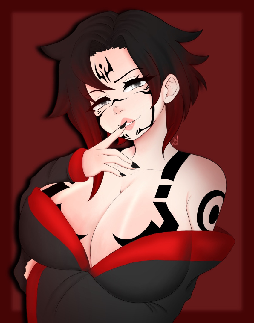 alternate_costume black_eyes black_hair body_markings breasts cleavage corruption crossover facial_markings femsub finger_to_mouth grey_eyes jujutsu_kaisen large_breasts looking_at_viewer maledom multicolored_eyes multicolored_hair nail_polish possession red_background red_hair ruby_rose rwby ryomen_sukuna short_hair simple_background smile smug source_request tattoo yumastoo