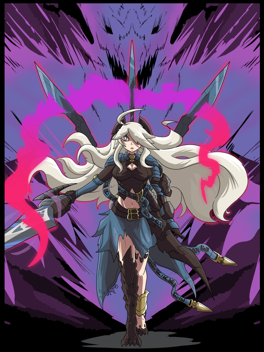 ahoge ailheim alternate_color_scheme alternate_costume alternate_form alternate_hair_color alternate_hairstyle aura bahamut_(dragalia_lost) bare_legs belt black_eyes black_skin breasts cleavage cleavage_cutout corruption cygames dragalia_lost dragon dragon_girl evil_smile femsub fusion ghost glowing grey_eyes hair_covering_one_eye horns large_breasts legs long_hair nintendo open_mouth possession scales skirt standing sword thighs weapon white_hair zethia