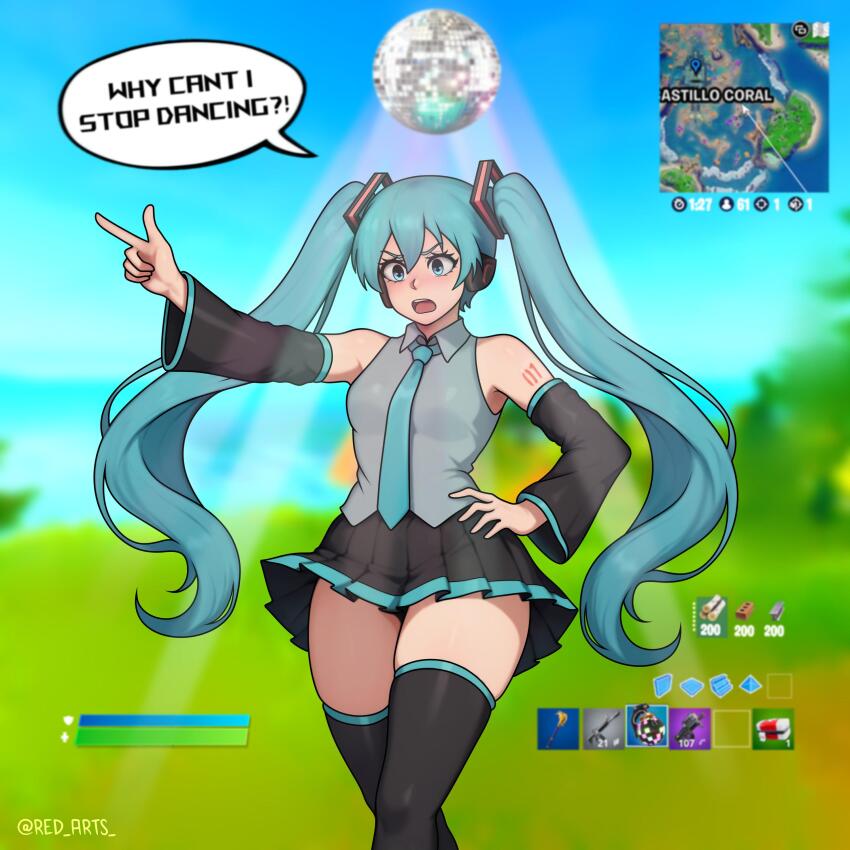 arm_warmers aware bare_shoulders blue_eyes blue_hair blush body_control body_writing clothed crossover dancing dialogue embarrassed english_text female_only femsub fortnite gameplay_mechanics hand_on_hip humor long_hair meme miku_hatsune open_mouth outdoors red_arts skirt solo speech_bubble text thighhighs thighs tie twintails vocaloid