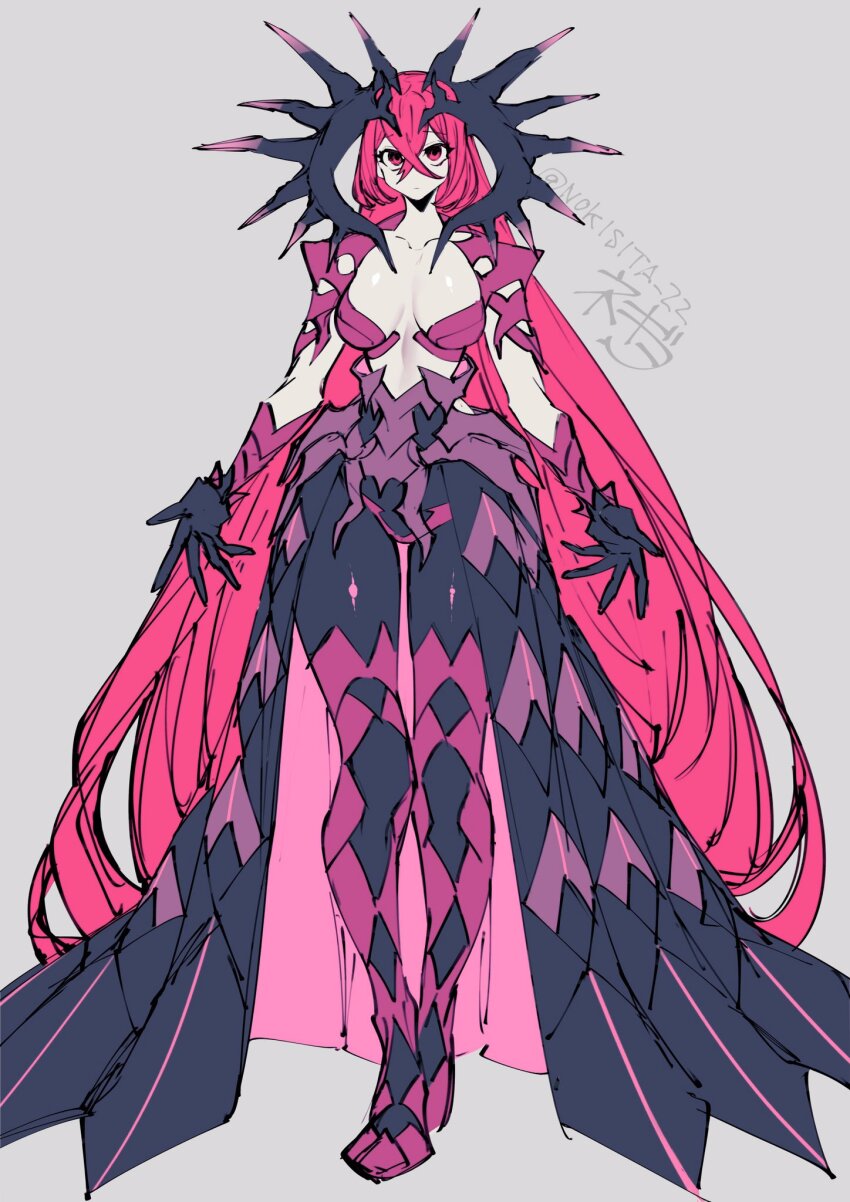 alear_(fire_emblem) alternate_costume breasts cleavage cosplay english_text expressionless femsub fire_emblem fire_emblem_engage gloves grey_background horns large_breasts long_hair maledom nintendo nokista_22 opera_gloves possession red_eyes red_hair sombron_(fire_emblem) standing text