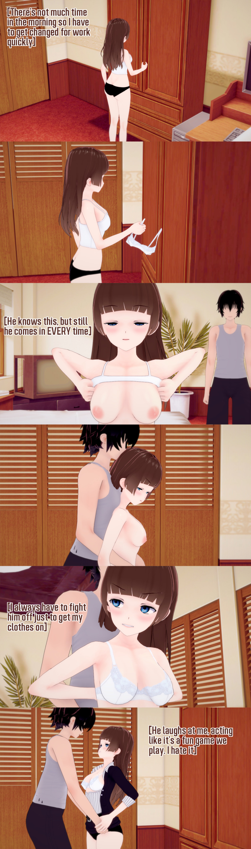 absurdres altered_common_sense angry bed bedroom black_hair blue_eyes breasts brown_hair clothed dialogue english_text femsub groping long_hair maledom nipples nude original short_hair text zenin1