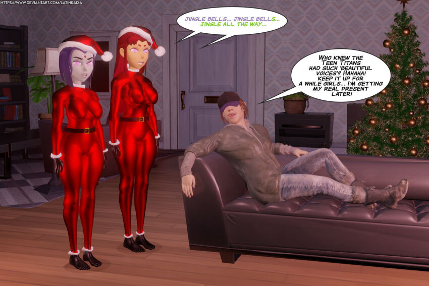 3d dc_comics dialogue empty_eyes femsub grey_skin latinkaixa long_hair maledom raven short_hair starfire teen_titans text