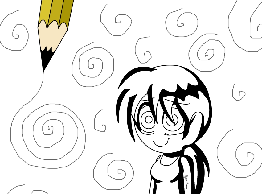 bangs bare_shoulders black_hair eyebrows_visible_through_hair eyelashes female_only femsub happy_trance hypnoscream monochrome ponytail pov_dom ring_eyes scp-085 scp_foundation simple_background solo spiral tank_top white_background white_skin wholesome