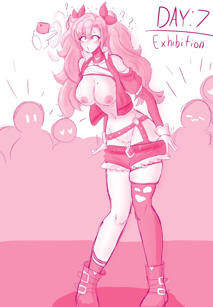 a_singular_fish belt blush boots cell_phone confused exhibitionism eyebrows_visible_through_hair gloves humiliation hypnotic_screen hypnovember jacket large_breasts long_hair mole navel nicole_demara nipples open_mouth pink_eyes pink_hair pussy shirt short_shorts shrunken_irises simple_background socks spiral_eyes thighhighs undressing white_background zenless_zone_zero