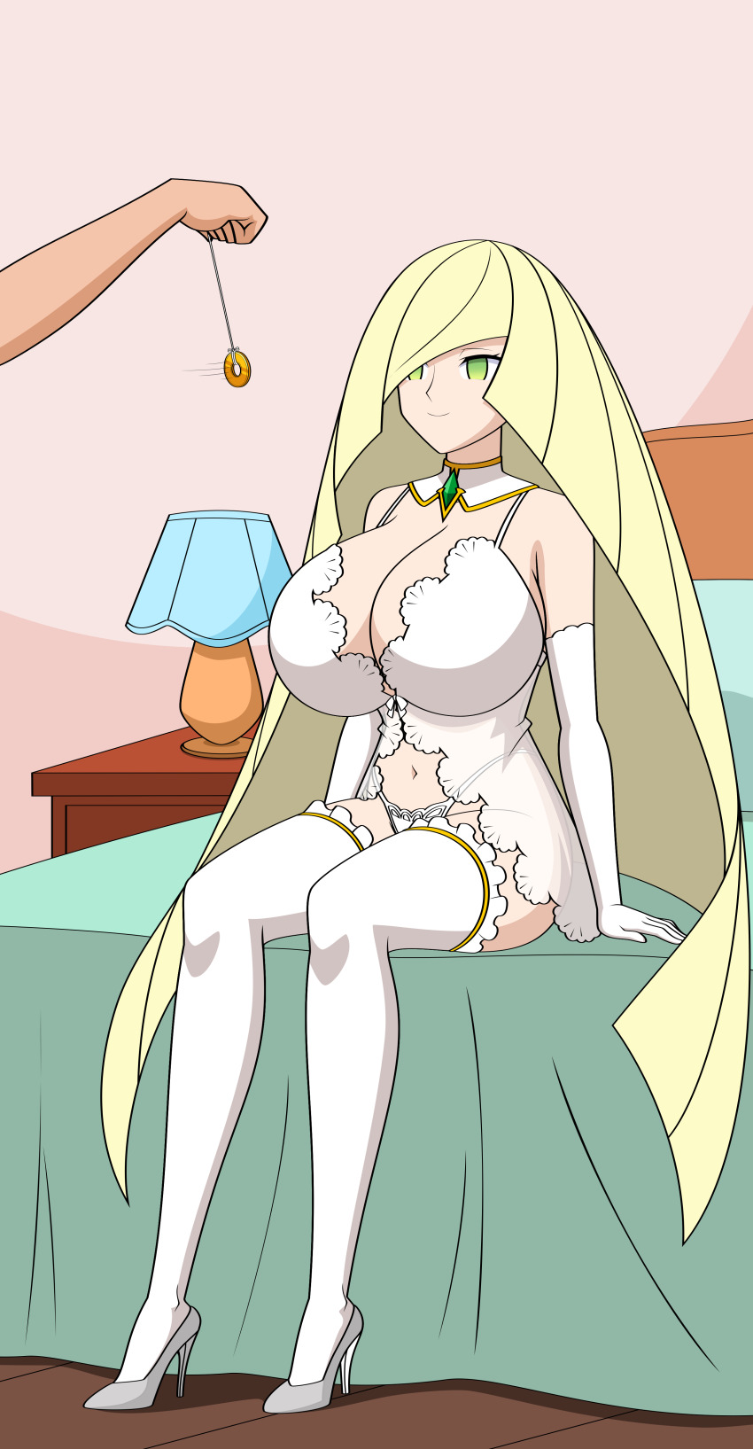 absurdres arm_warmers bed breasts cleavage coin empty_eyes female_only femsub green_eyes happy_trance high_heels huge_breasts jewelry jimryu lingerie lusamine milf navel nintendo pendulum pokemon pokemon_sun_and_moon see-through sitting smile solo very_long_hair