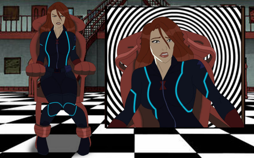 black_widow bodysuit breasts clothed female_only femsub grey_eyes light_skin lipstick long_hair looking_at_viewer marvel_comics open_mouth pikname45 resisting spiral_background the_avengers