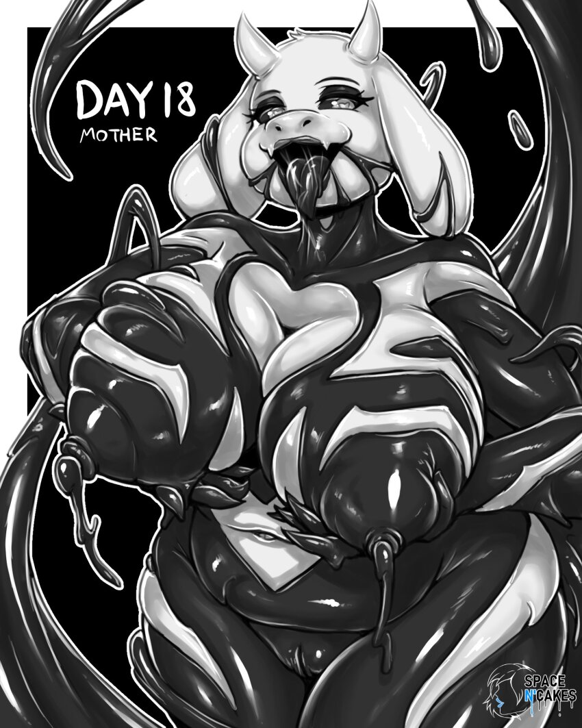 alien alternate_color_scheme alternate_costume androgynous_dom black_background black_lipstick black_sclera breast_fondling breast_grab breasts cleavage crossover deltarune english_text femsub greyscale happy_trance heart heart_eyes holding_breasts horns huge_breasts lactation large_breasts lipstick living_costume looking_at_viewer marvel_comics milf navel nipples open_mouth parasite possession presenting pussy slime smile spacen&#039;cake spider-man_(series) symbiote symbol_in_eyes tentacles text tongue tongue_out toriel_dreemurr undertale venom_(marvel)