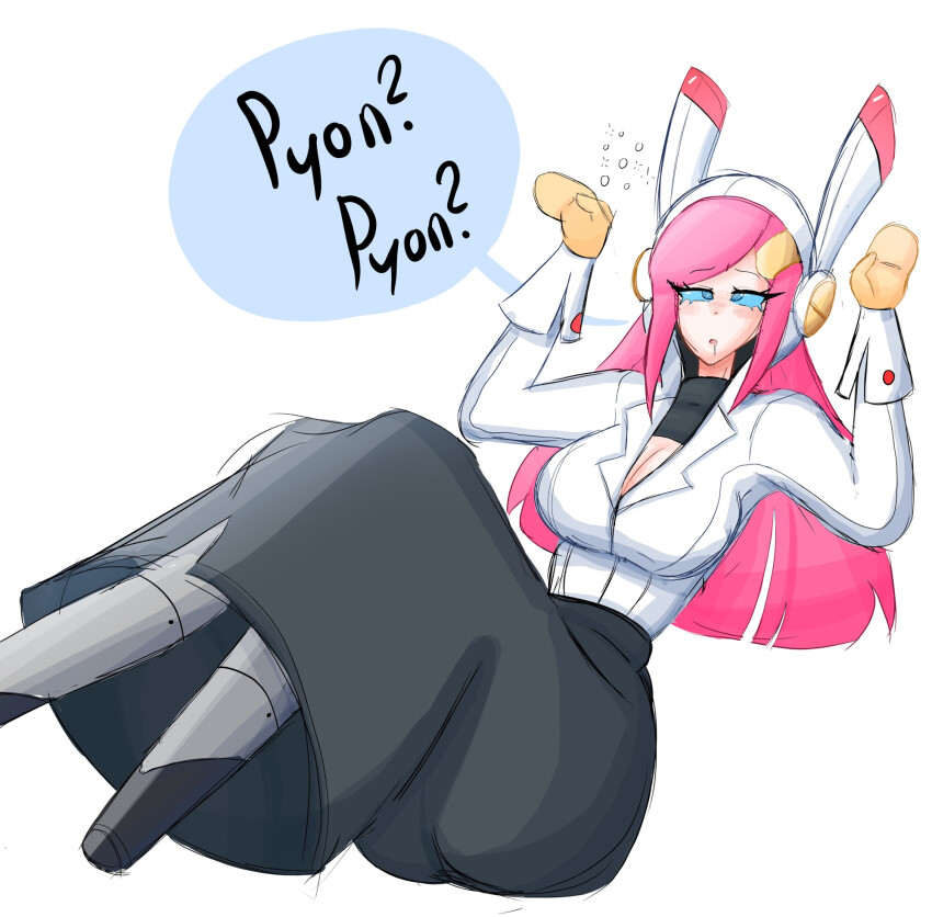 a_singular_fish blue_eyes blue_sclera blush bunny_girl cleavage clothed confused cuffs drool earpiece eyebrows_visible_through_hair female_only femsub glowing_eyes hair_clips heavy_eyelids kirby_(series) large_breasts long_hair long_skirt nintendo pet_play pink_hair scarf simple_background sitting solo susie_(kirby) t-shirt text white_background