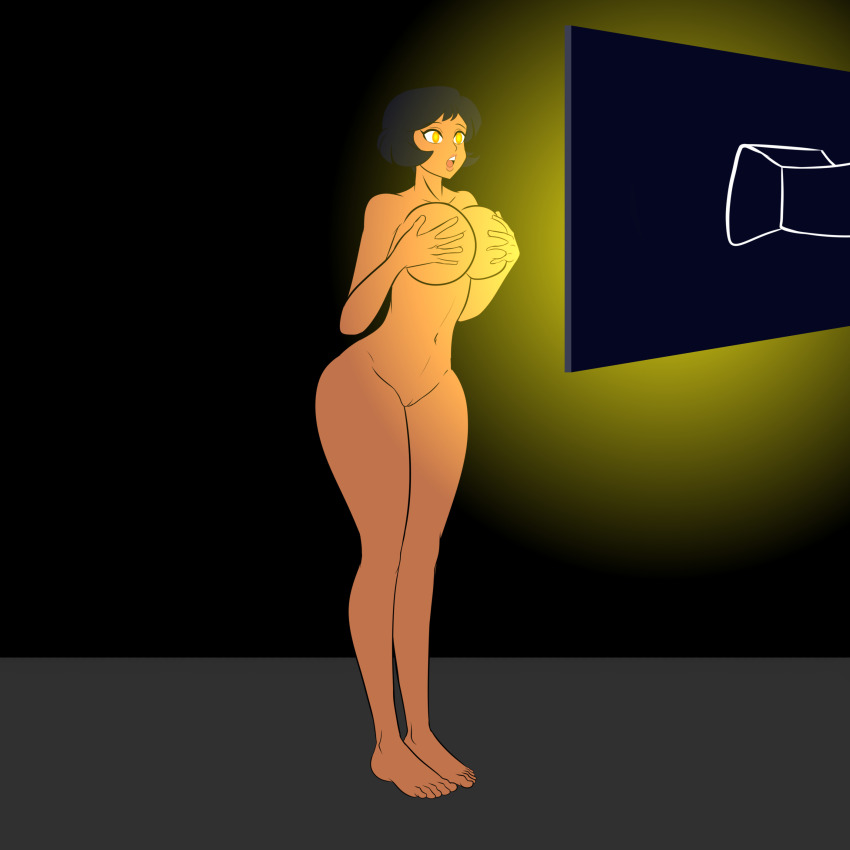 alex bare_legs bare_shoulders barefoot black_hair bottomless dark_skin empty_eyes femsub groping katsiika large_ass large_breasts midriff monitor nude open_mouth short_hair spiral story tech_control topless totally_spies western yellow_eyes