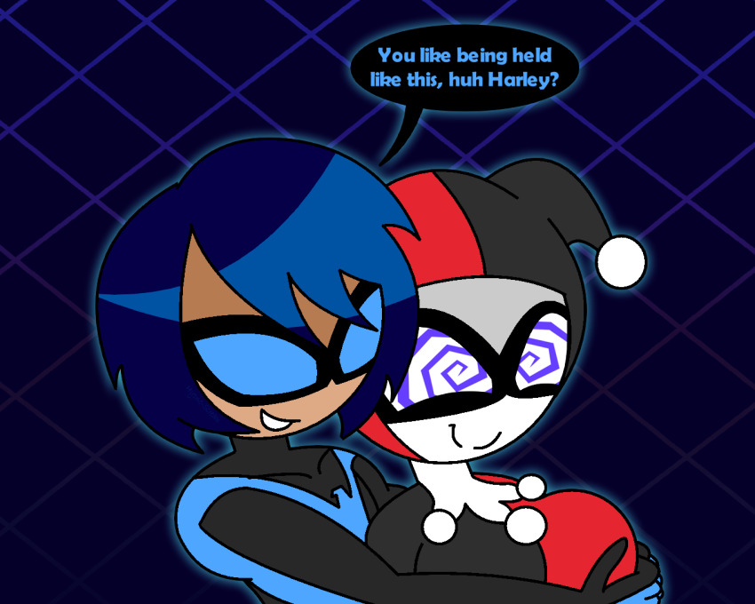aura batman_(series) black_hair blue_eyes breasts clothed dc_comics dialogue english_text eye_mask femsub groping happy_trance harley_quinn heterosexual hypnoscream jester maledom nightwing short_hair smile speech_bubble spiralwash_eyes super_hero text